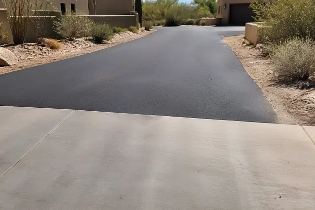 Newly installed asphalt driveway transition at a residential home in Paradise Valley, AZ.