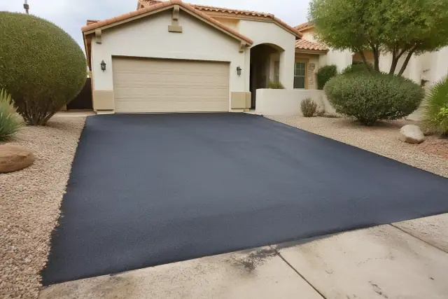 Newly installed asphalt driveway meeting a garage slab at a suburban home in Glendale, AZ.