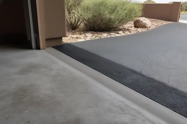 Newly installed asphalt driveway connecting to a residential garage in Scottsdale, AZ with desert landscaping.
