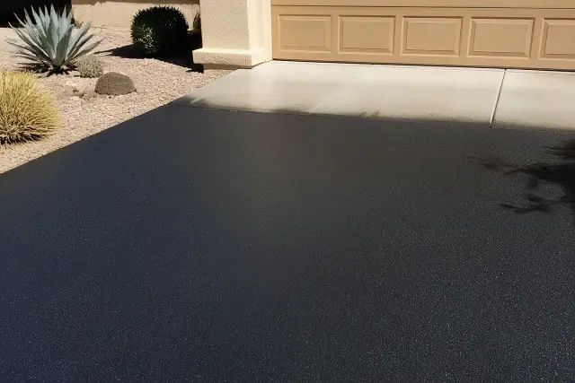 Freshly sealcoated asphalt driveway meeting a residential concrete garage slab in Peoria, AZ.