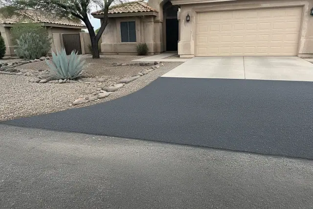 Newly repaired asphalt driveway patch at a residential home in Mesa, AZ.