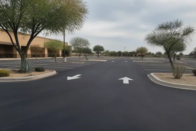 Newly paved parking lot with fresh asphalt striping and agave landscaping at a retail center in Phoenix, AZ.
