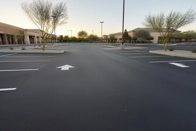 Newly installed asphalt parking lot with painted stalls at a retail center in Gilbert, AZ.