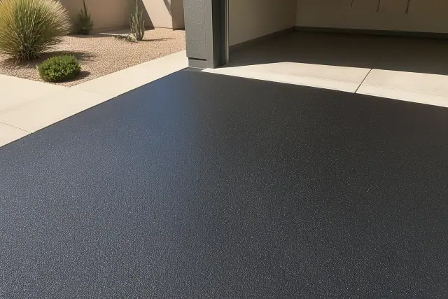 Freshly sealcoated asphalt driveway meeting a garage slab in a xeriscaped yard in Tempe, AZ.