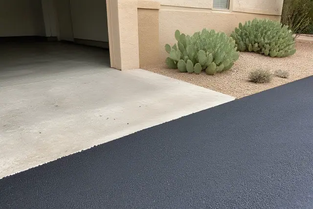 Newly installed asphalt driveway meeting a residential garage slab with prickly pear cactus in Tempe, AZ.