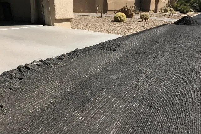 Asphalt milling transition between a residential garage and a new driveway in Tempe, AZ.