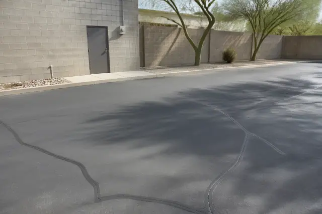 Asphalt crack filling on a commercial building utility access in Tempe, AZ.