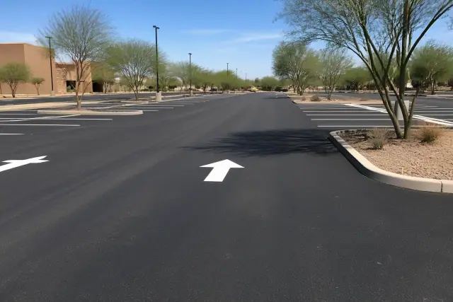 Newly resurfaced asphalt parking lot with painted lines and desert landscaping in Tempe, AZ.