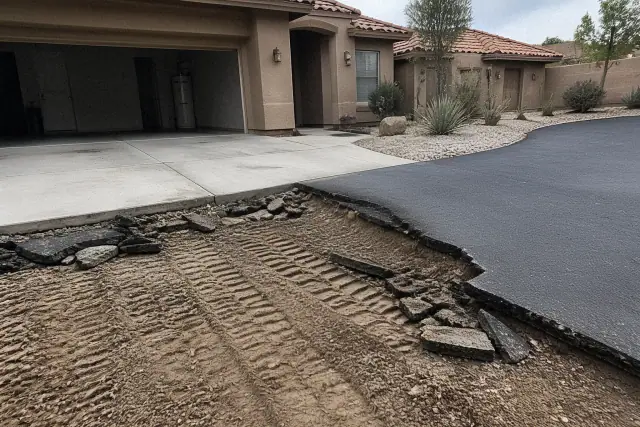Asphalt removal and excavation in front of a tan stucco home in Gilbert, AZ.