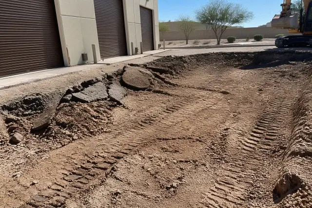 Full-depth asphalt removal and base material at a commercial warehouse jobsite in Chandler, AZ.