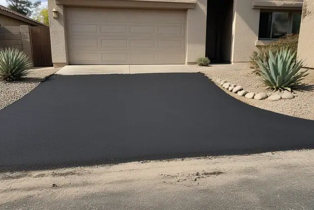 Newly installed asphalt driveway meeting a residential garage in Tempe, AZ, with desert xeriscaping.