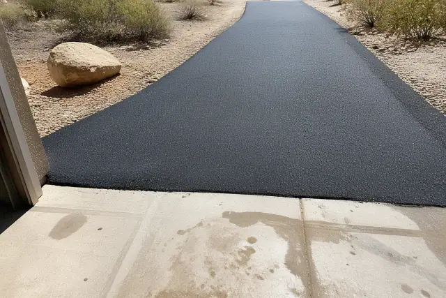 Newly installed asphalt driveway meeting a concrete garage slab in Queen Creek, AZ.