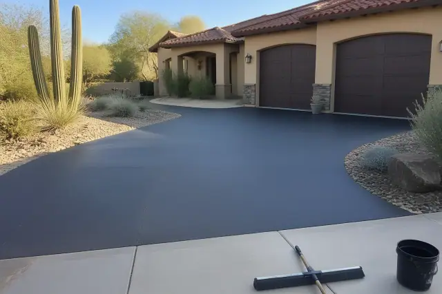 Newly sealed asphalt driveway at a home in Paradise Valley, AZ, showing the edge of a garage slab and desert landscaping.