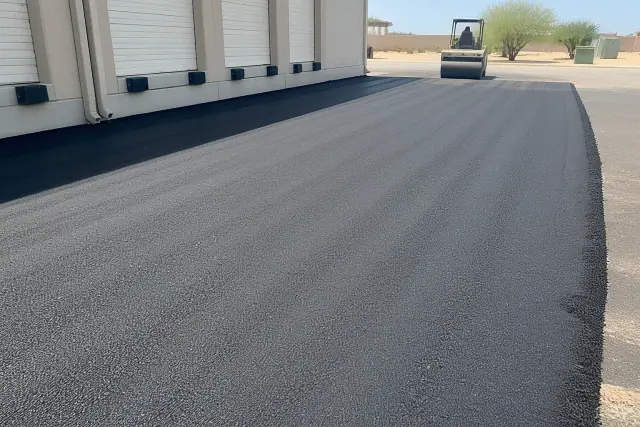 Freshly laid asphalt at a commercial warehouse in Phoenix, AZ, showing new pavement texture and equipment tracks.