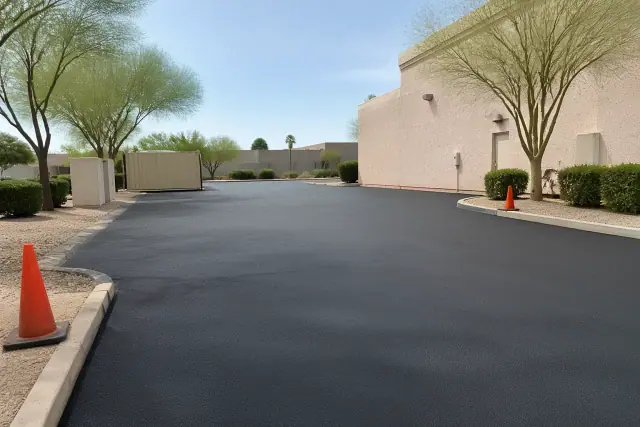 Freshly sealcoated asphalt surface at a commercial property in Tempe, AZ, featuring smooth pavement and gravel landscape.