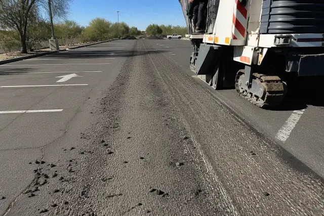 Asphalt milling machine working on a commercial parking lot with loose debris in Tempe, AZ.