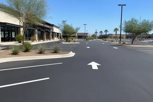 Newly paved retail parking lot with painted stall markers and landscaping in Tempe, AZ.