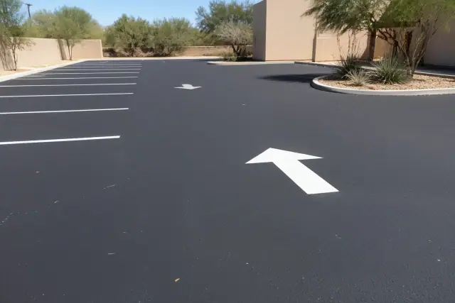 Newly resurfaced parking lot with fresh stall markers and directional arrows in Tempe, AZ.