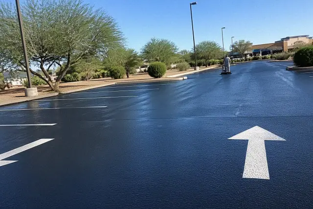 Freshly applied black asphalt sealcoating on a parking lot in Tempe, AZ.