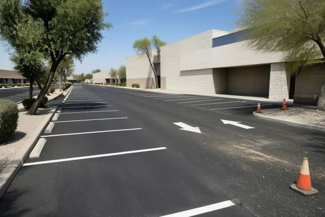 Newly paved retail parking lot with fresh striping and traffic cones in Tempe, AZ.