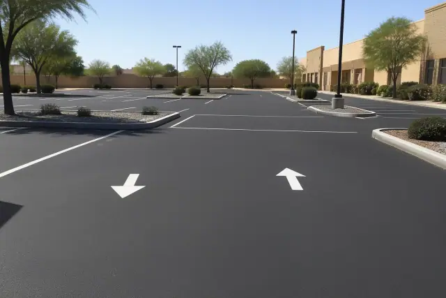 Newly paved parking lot with painted lines and directional arrows at a retail center in Tempe, AZ.