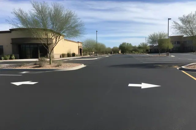 Newly paved asphalt parking lot with painted stall markers and landscaping in Tempe, AZ.