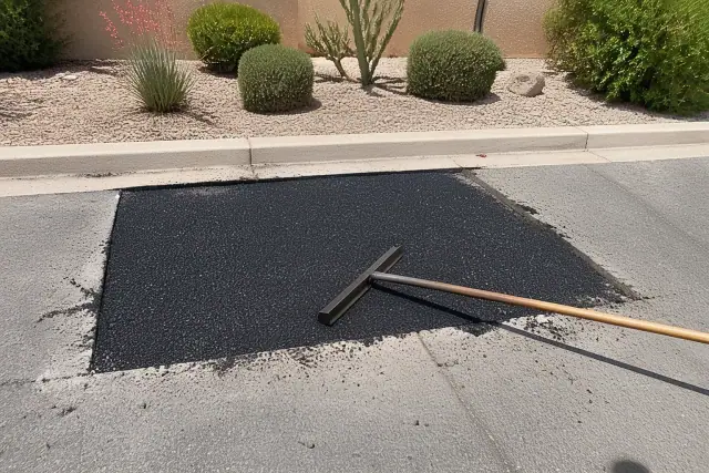 Freshly laid asphalt patch repair in a parking lot under bright sun in Tempe, AZ.