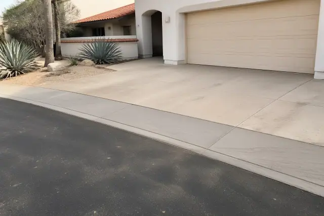 Broom-finished concrete driveway transition meeting asphalt at a suburban home in Tempe, AZ.