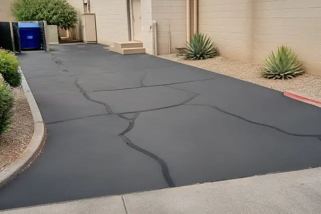 Freshly repaired asphalt surface with sealed cracks at a commercial service entry in Tempe, AZ.