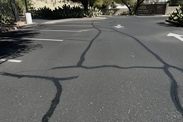Fresh crack sealant and asphalt markings on a parking lot in Tempe, AZ, with prickly pear cacti along the perimeter.