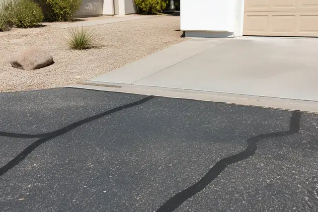 Black rubberized crack sealant on an asphalt driveway transition in Tempe, AZ.