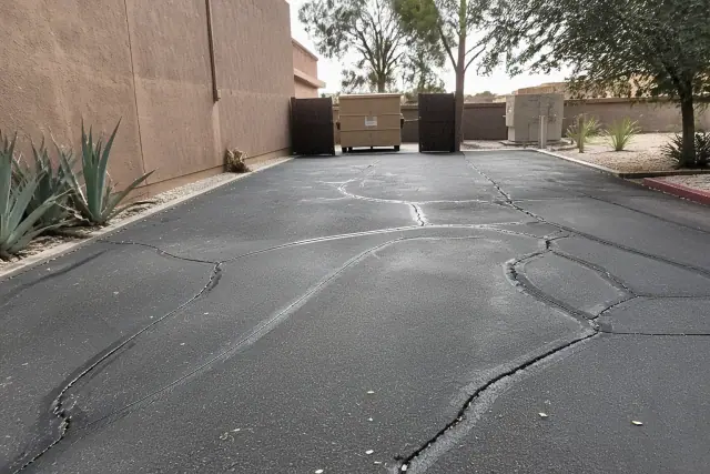 Sealed asphalt cracks and repaired pavement at a local property.