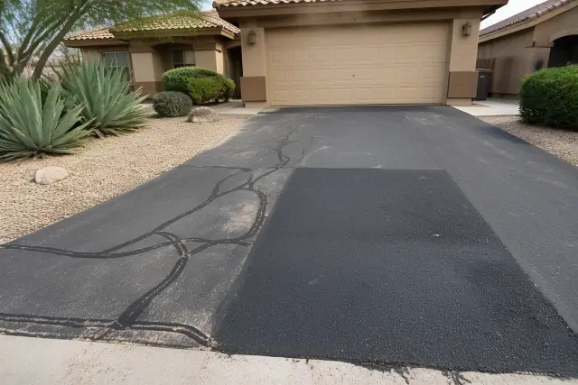 Asphalt crack sealing and pothole repair on a residential driveway in Tempe, AZ.