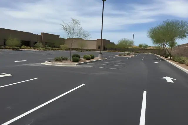 Freshly paved commercial asphalt parking lot with new striping and crack sealing in Tempe, AZ.