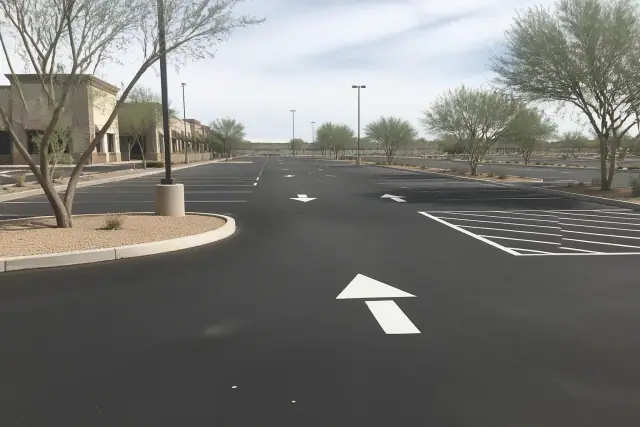 Newly paved parking lot with painted stall markers and directional arrows at a retail center in Peoria, AZ.