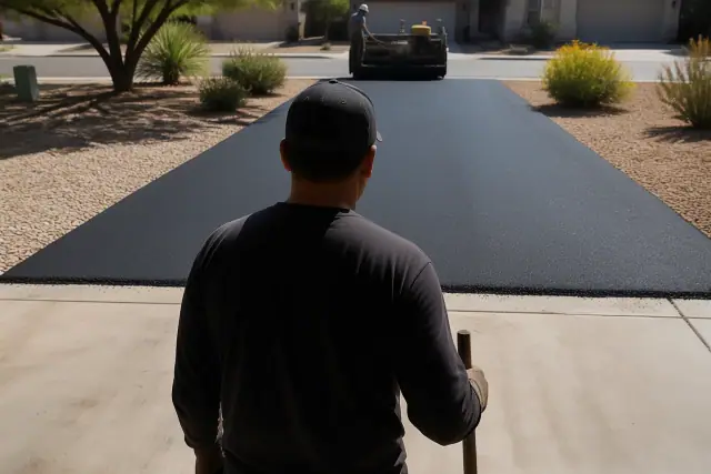 A service worker installing an asphalt driveway next to a residential garage in Tempe, AZ.