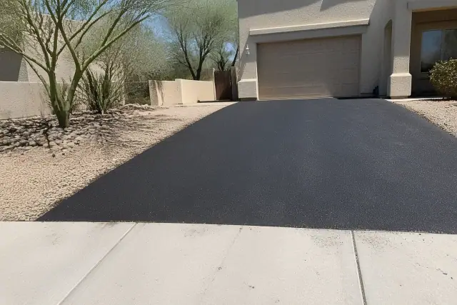Newly installed asphalt driveway meeting a garage slab at a residential property in Tempe, AZ.