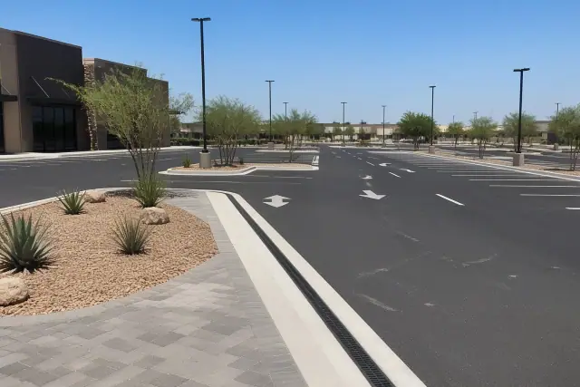 Newly paved parking lot with painted stalls and drainage at a retail center in Tempe, AZ.