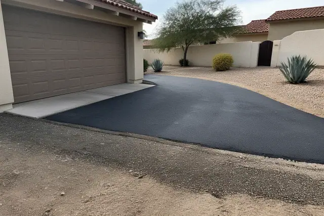 New asphalt driveway with drainage and gravel landscaping at a residential property in Tempe, AZ.