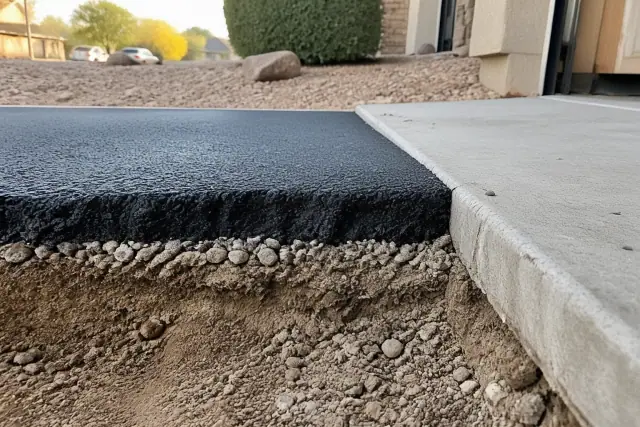 Asphalt driveway cross-section showing compacted base and desert soil at a residential jobsite in Tempe, AZ.