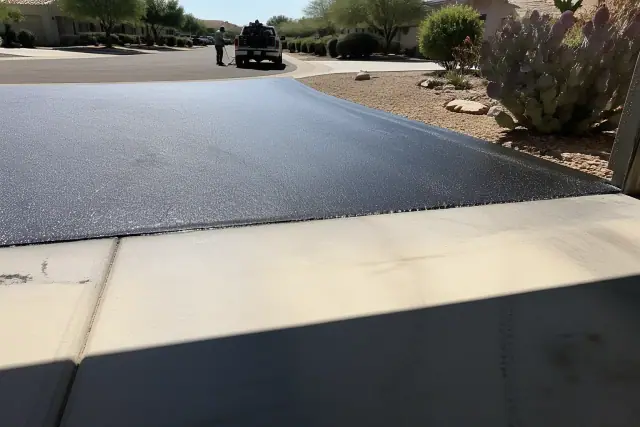 Fresh asphalt seal coating on a driveway transition at a residential home in Gilbert, AZ.