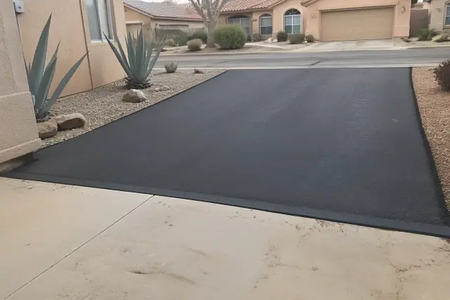 Newly installed asphalt driveway meeting a garage slab at a suburban home in Mesa, AZ.