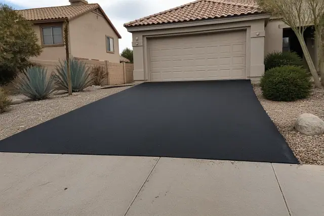 Newly paved asphalt driveway transition at a residential home in Tempe, AZ with desert landscaping.