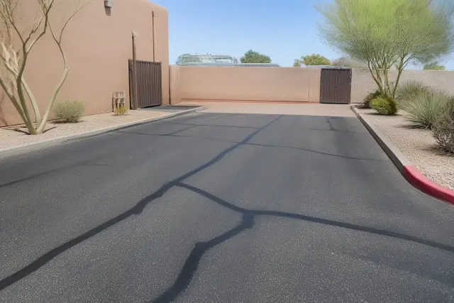 Freshly filled asphalt cracks at a commercial service entry in Scottsdale, AZ.