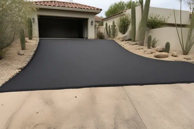 Newly installed asphalt driveway meeting a garage in Paradise Valley, AZ, with desert landscaping and stucco walls.