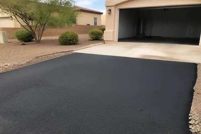 Newly paved asphalt driveway meeting a residential garage in Tempe, AZ.