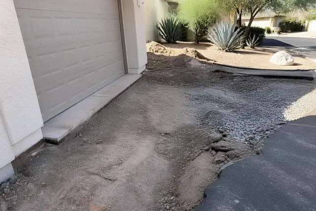 New asphalt driveway installation showing subgrade and residential garage in Tempe, AZ.