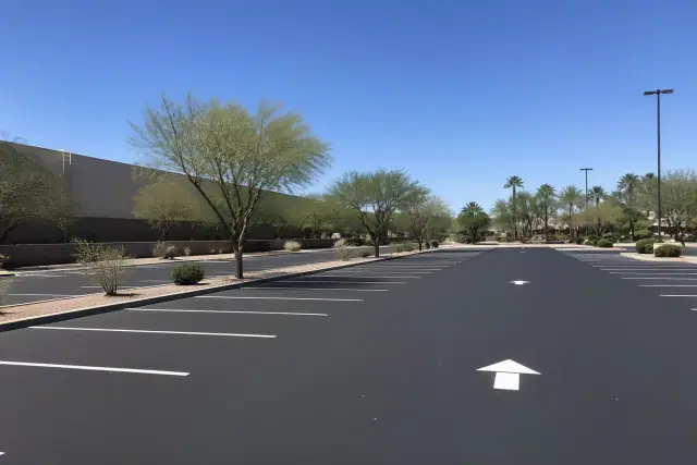 Newly paved parking lot with painted stall markers and desert landscaping in Tempe, AZ.
