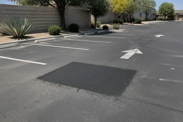 Completed asphalt patch in a commercial parking lot in Tempe, AZ, with painted stall markers and xeriscaping.