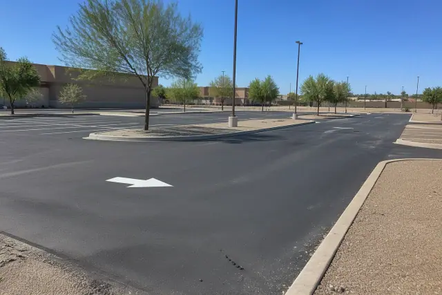 Freshly paved asphalt parking lot with painted stall markers at a retail center in Tempe, AZ.